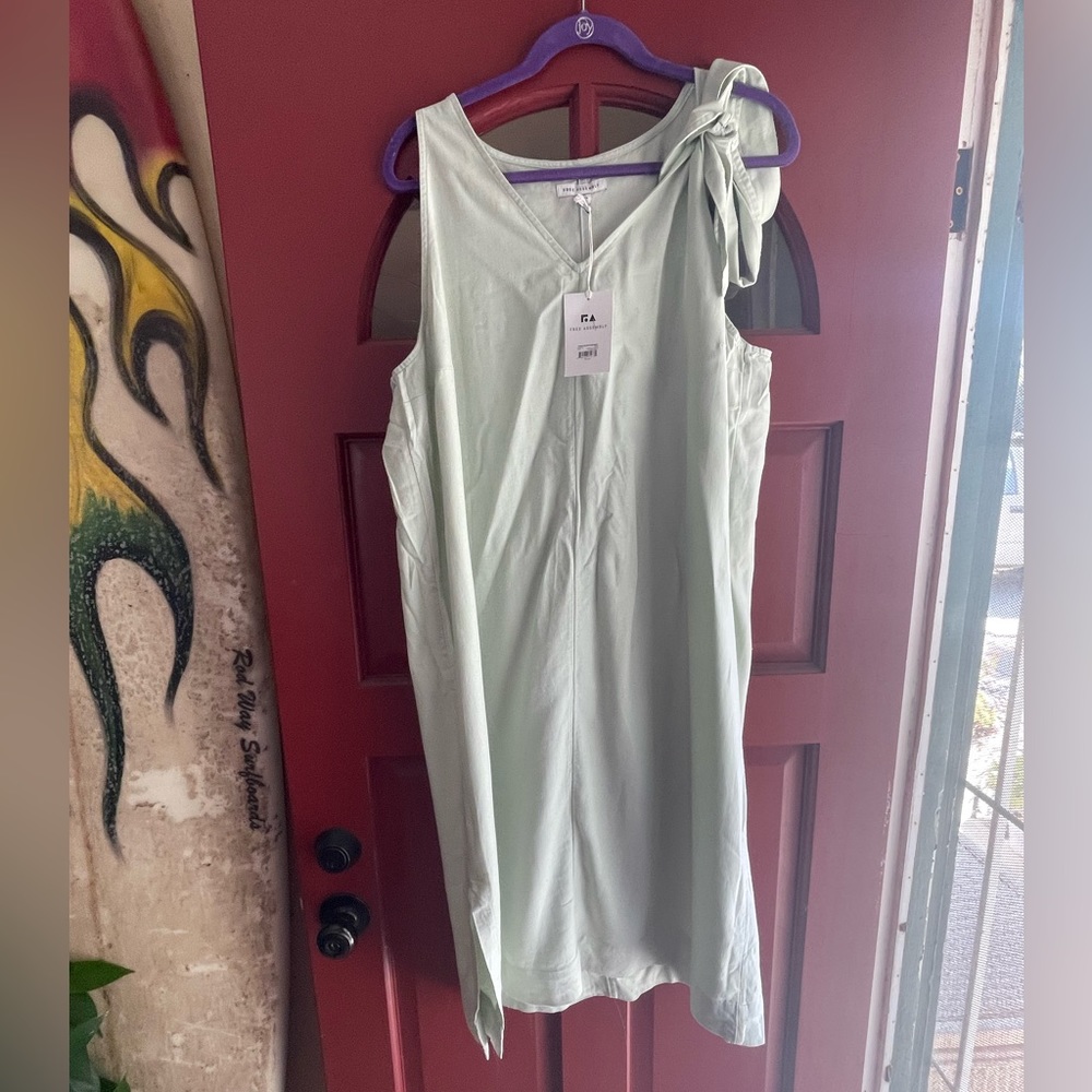 NWT Free assembly light sage green linen blend maxi dress with tie on sh…